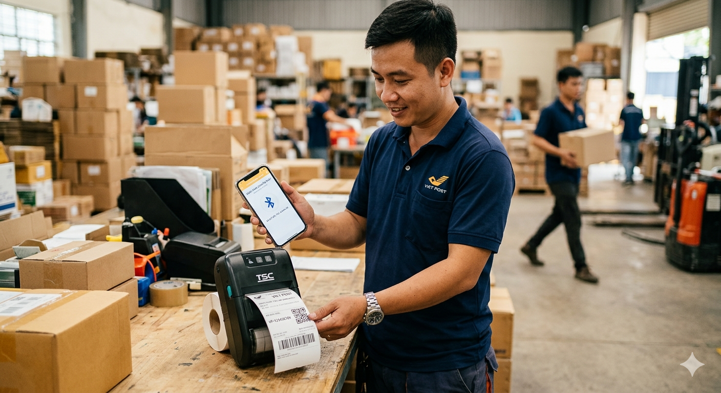 Kết nối máy in mã vạch với điện thoại in vận đơn giao hàng